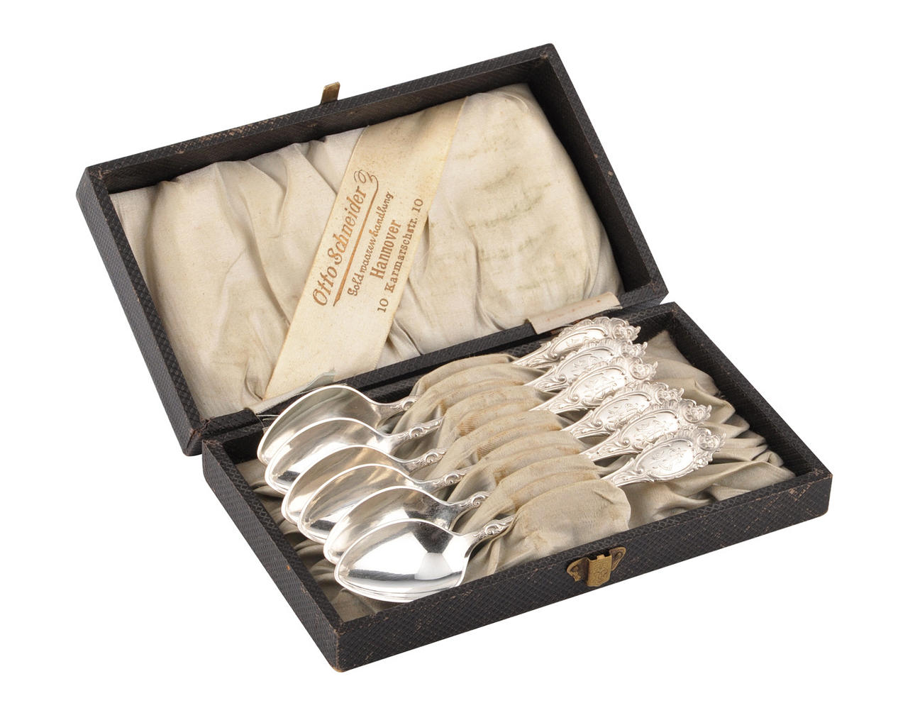 SILBERSCHMIED HOBEIN, G.H. ”UPPSÄTTNING AV 6 KAFFESKEDAR”. Sammanflätade monogram AS.