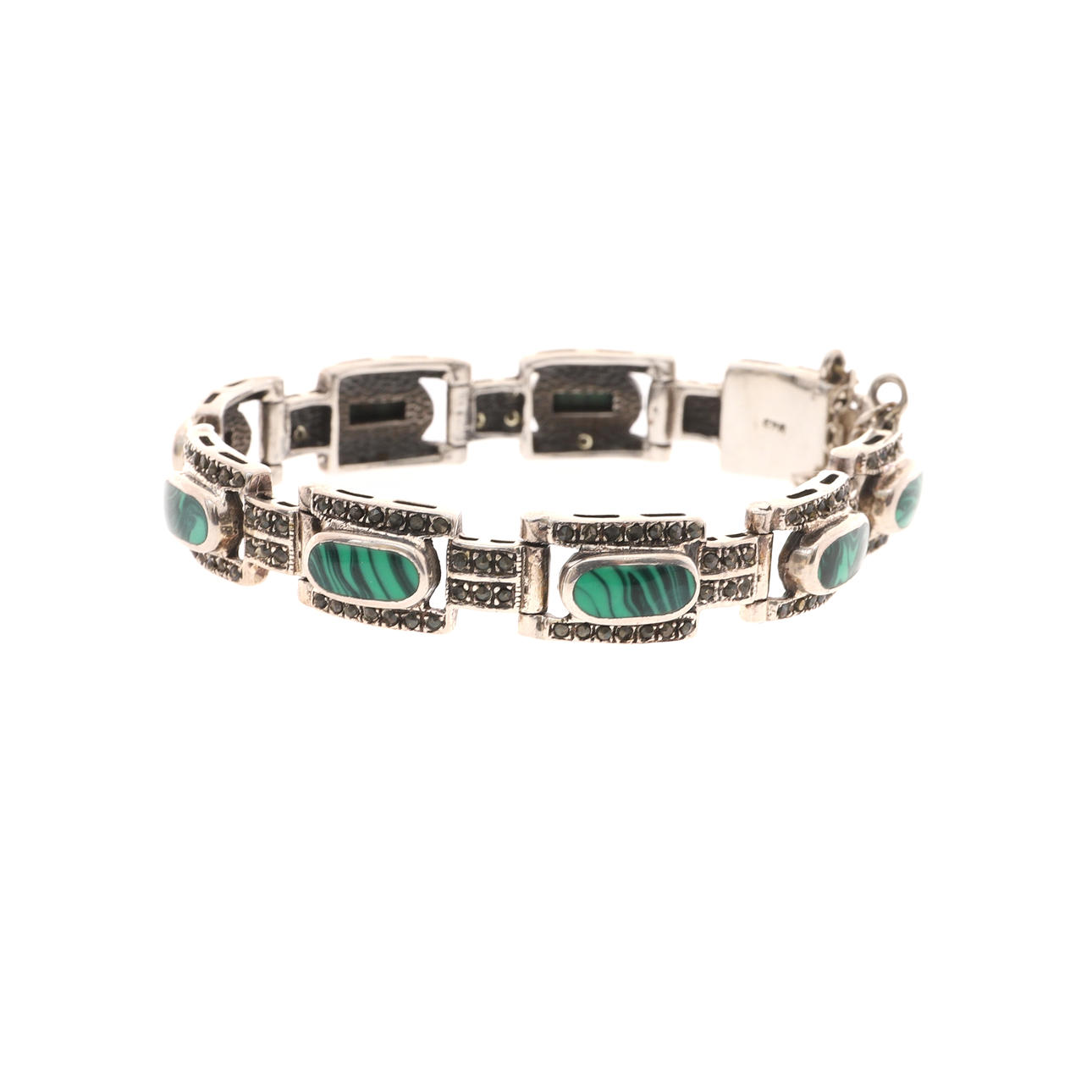 A MODERN 925 MARK MALACHITE AND MARCASITE SET BRACELET.