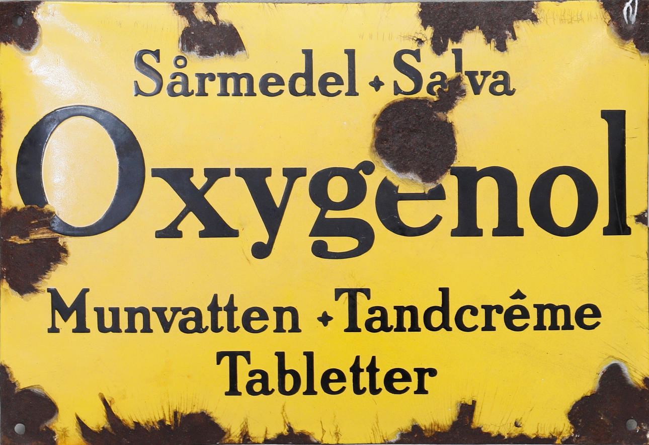 ENAMEL SIGN, "Oxygenol Wound Agent + Ointment", 1910s.