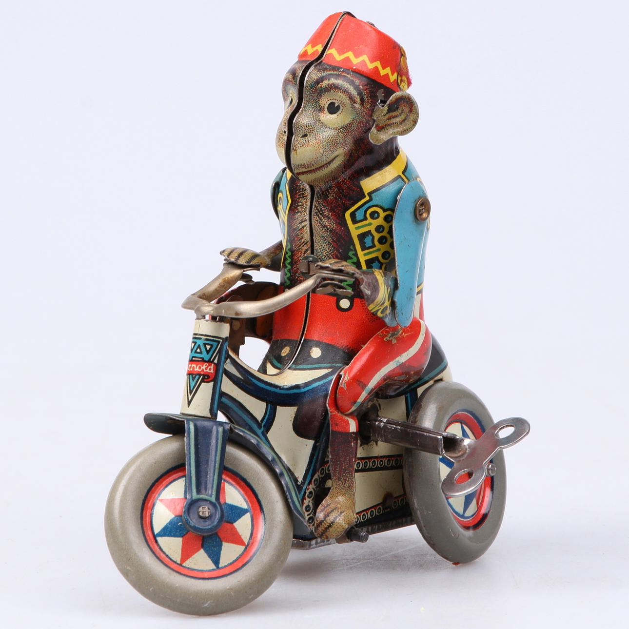 CIRKUSAPA PÅ TREHJULING, plåt, uppdragbar, Arnold, Tyskland, 1900-talets mitt.