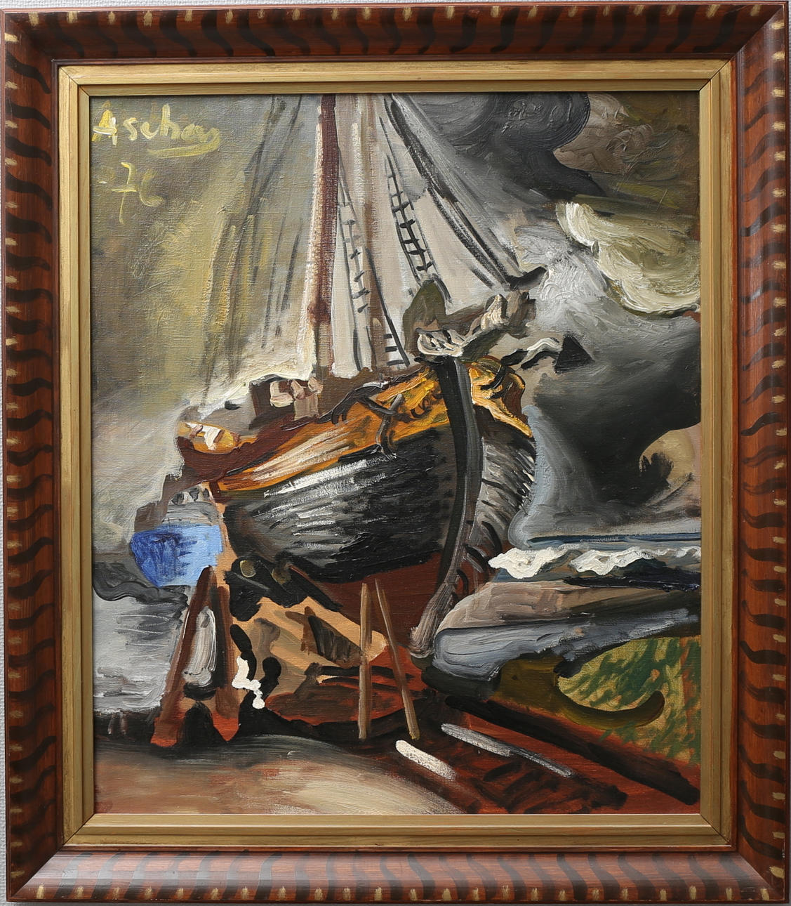 ULF ASCHAN. Uppställd båt. Olja på duk, signerad Aschan och daterad -76.