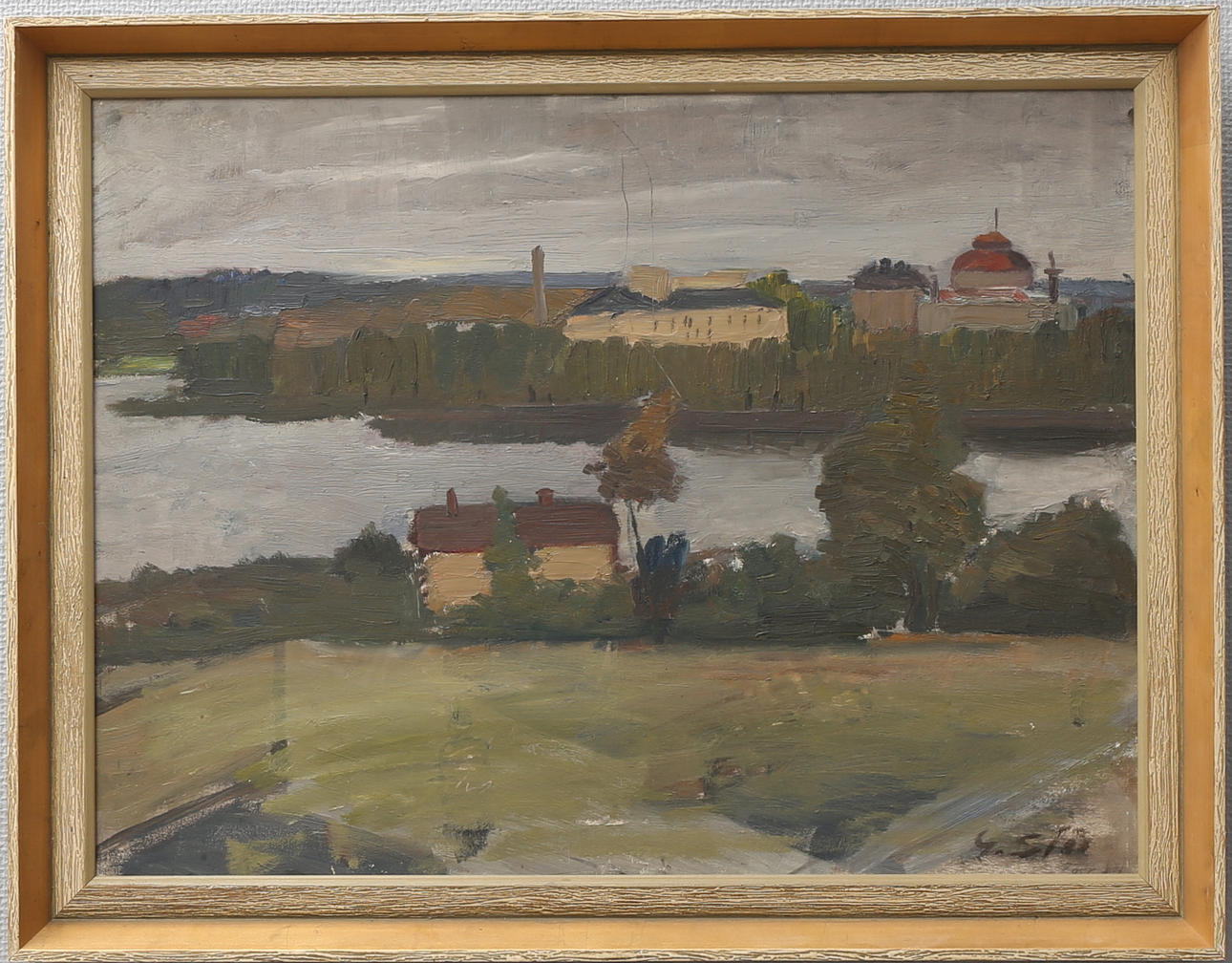 GUSTAF SJÖÖ. Landskap med hus. Olja på pannå, signerad G. Sjöö.