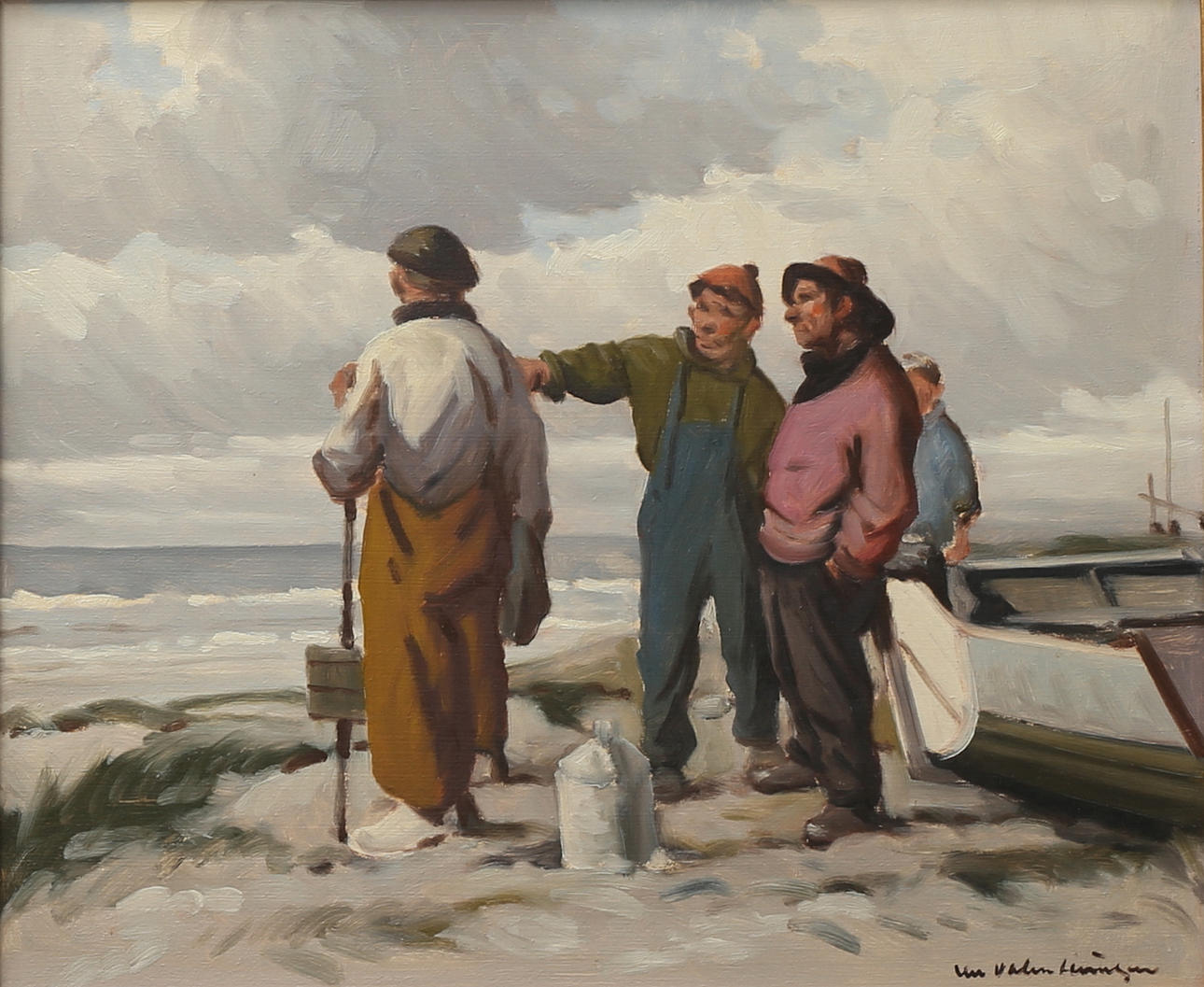 OIDENTIFIERAD KONSTNÄR. Figurer vid strand. Olja på pannå, signerad.