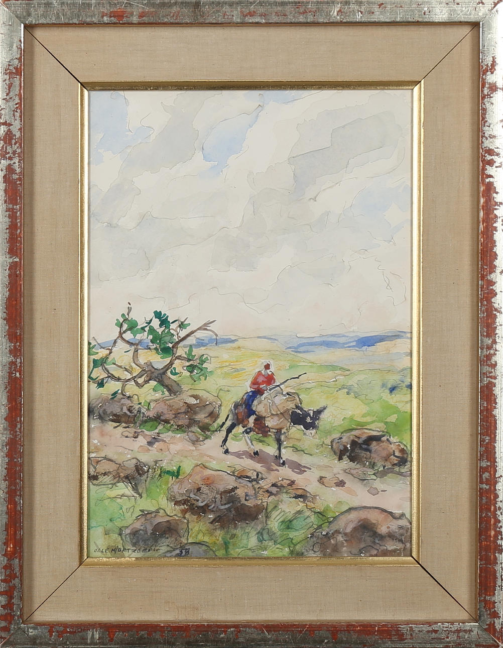OLLE HJORTSBERG. Sydländskt landskap med åsneryttare, akvarell, signead.