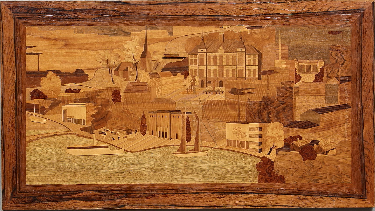 TAVLA, Stadsbild. Troligen Mjölby Intarsia, osignerad, 1900-tal.