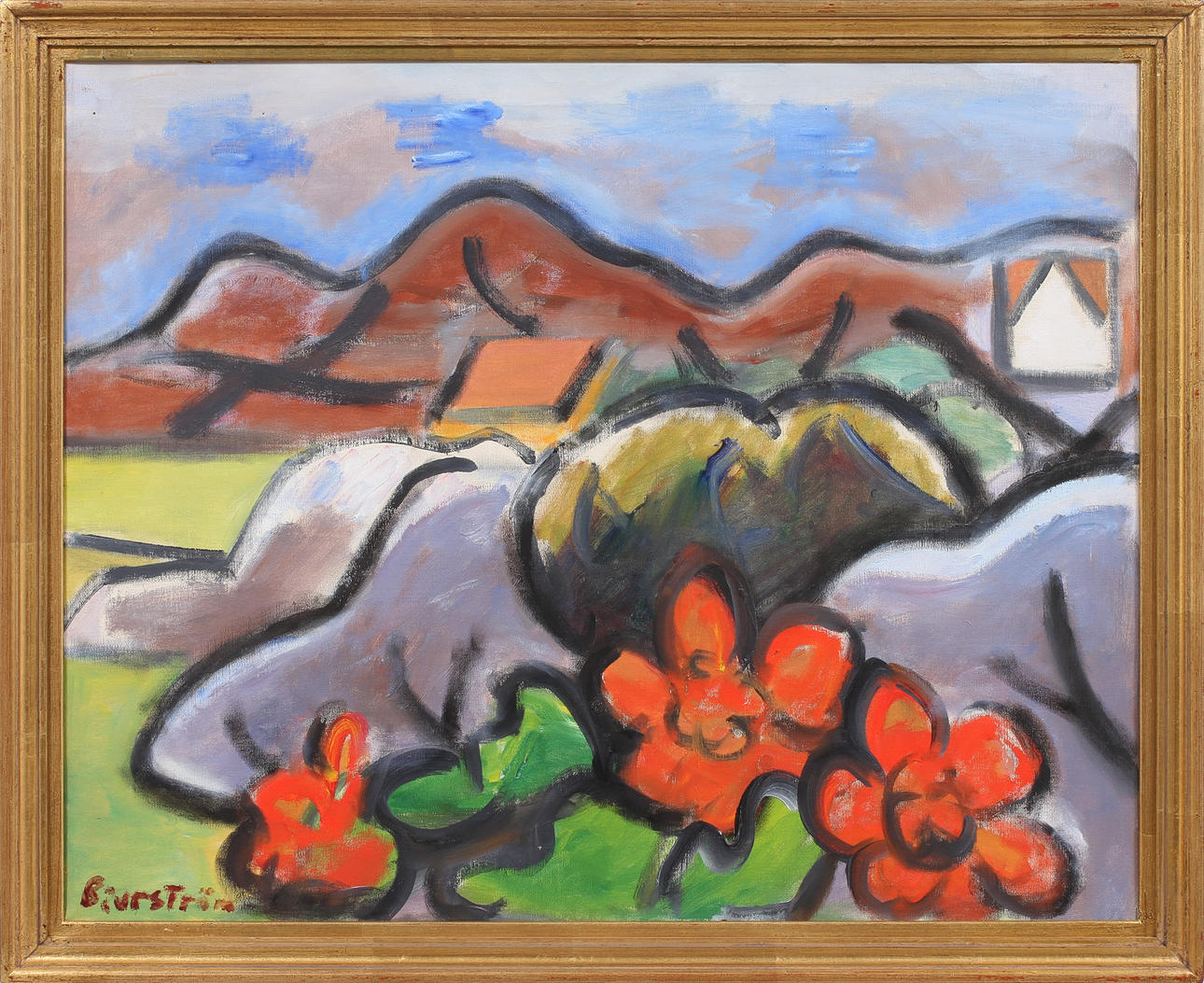 TOR BJURSTRÖM (1888-1966). Röda blommor mot berg på Tjörn. Olja på duk.