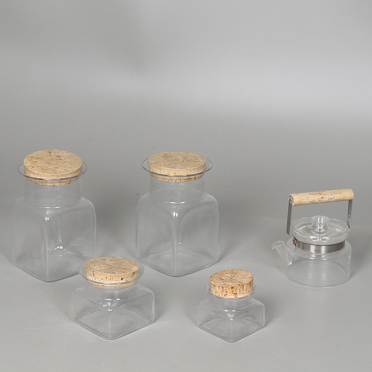 PARTI GLAS, 5 delar, "Sill i kvadrat", Boda, Signe-Persson Melin, 1969 och tekanna.