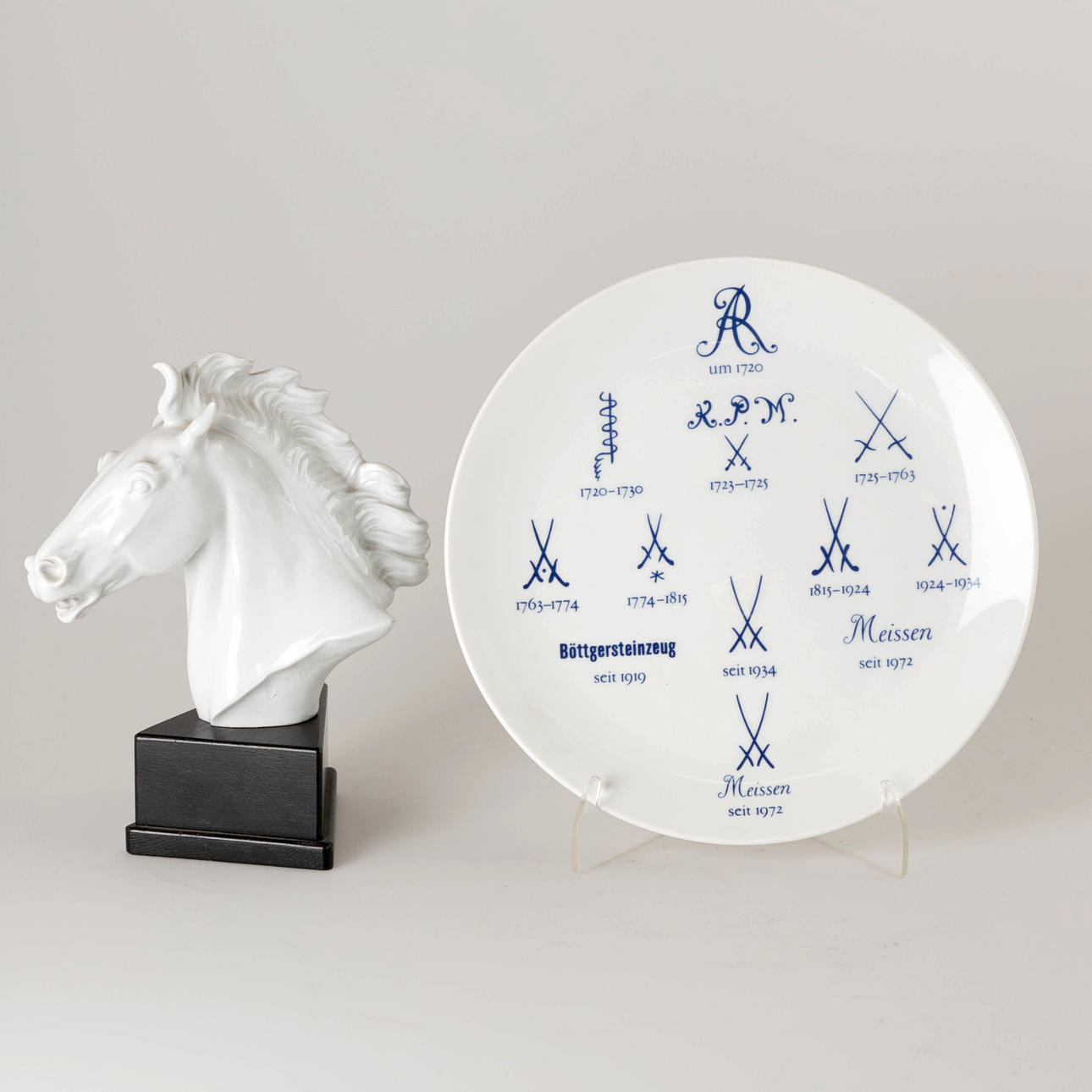 MEISSEN. Ein Pferdekopf und ein Wandteller, 20. Jh.