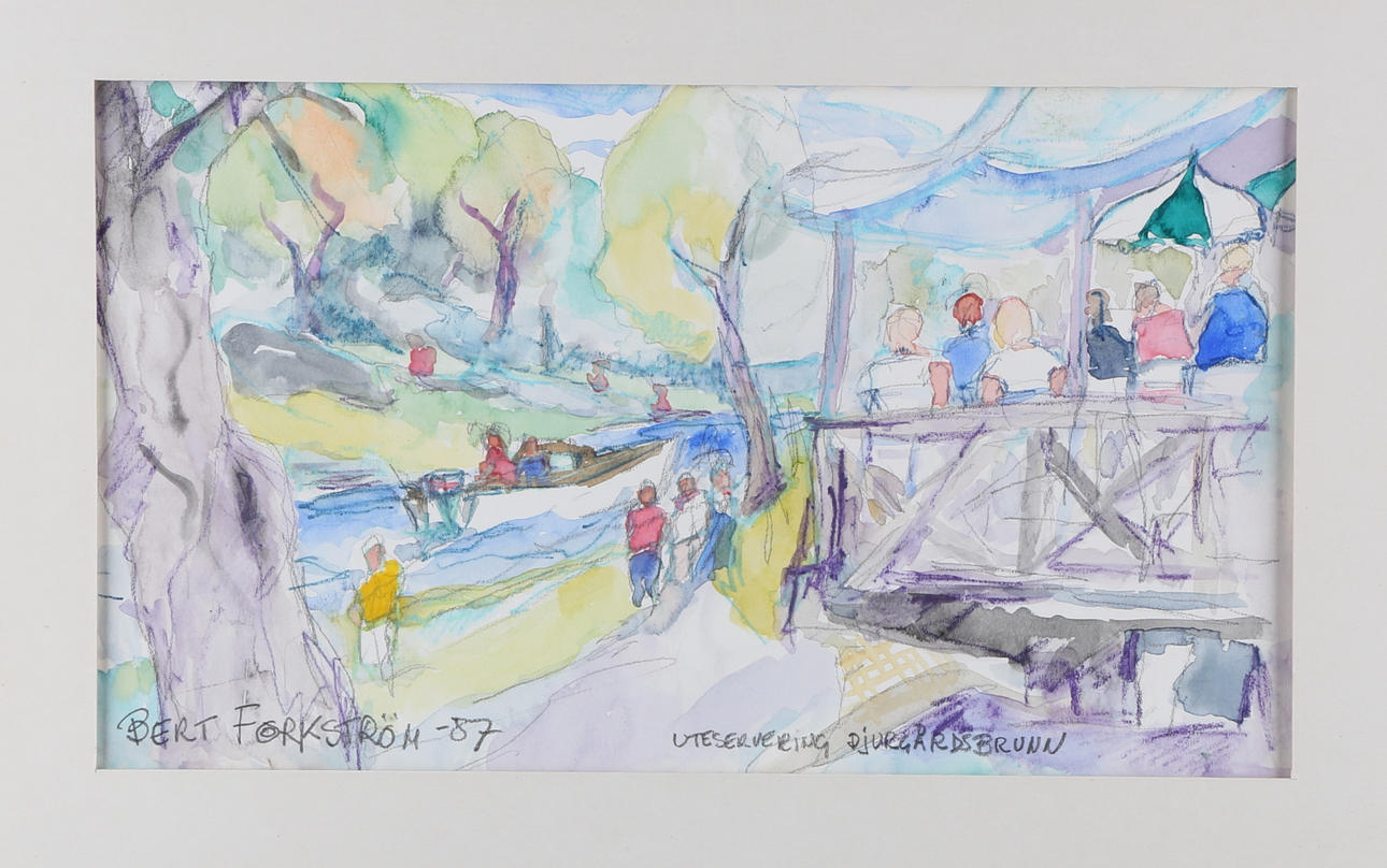 BERT FORKSTRÖM. "Uteservering Djurgårdsbrunn", Akvarell, signerad och daterad Bert Forkström -87.