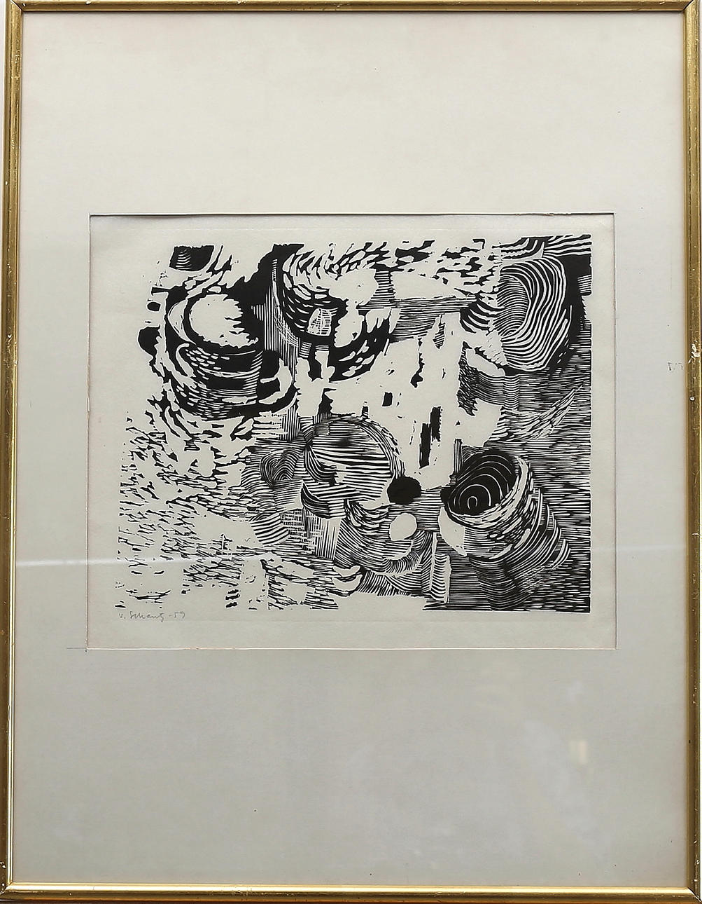 PHILIP VON SCHANTZ. Linoleumsnitt, komposition, signerad v Schantz, daterad -59, onumrerad.