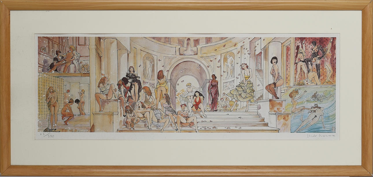 MILO MANARA. Erotik på badhus, offset tryck, Italien, signerad Milo Manara och numrerad 63/350.