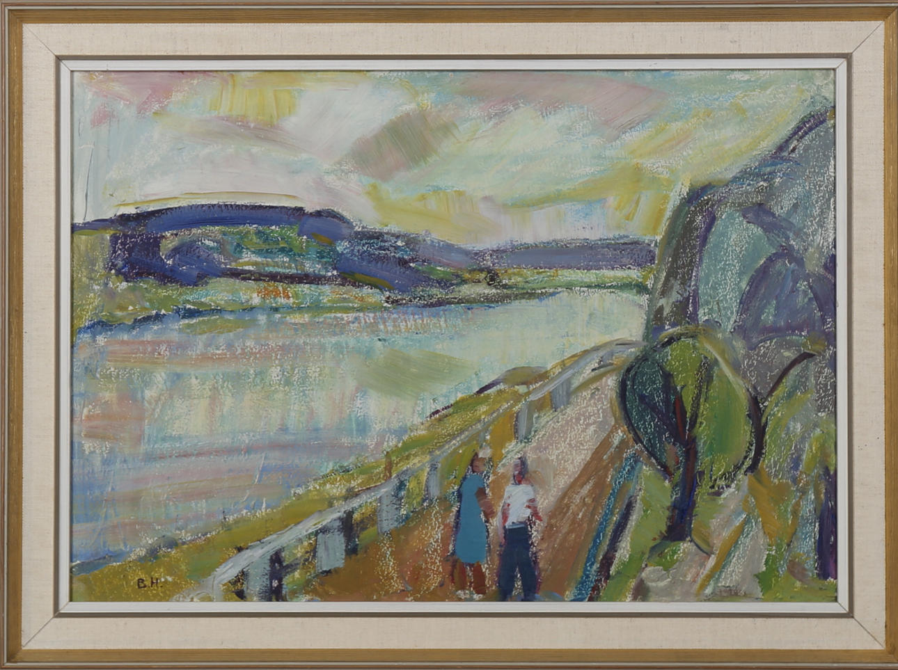 BRITA HANSSON. Olja på pannå, personer vid sjö, signerad BH.