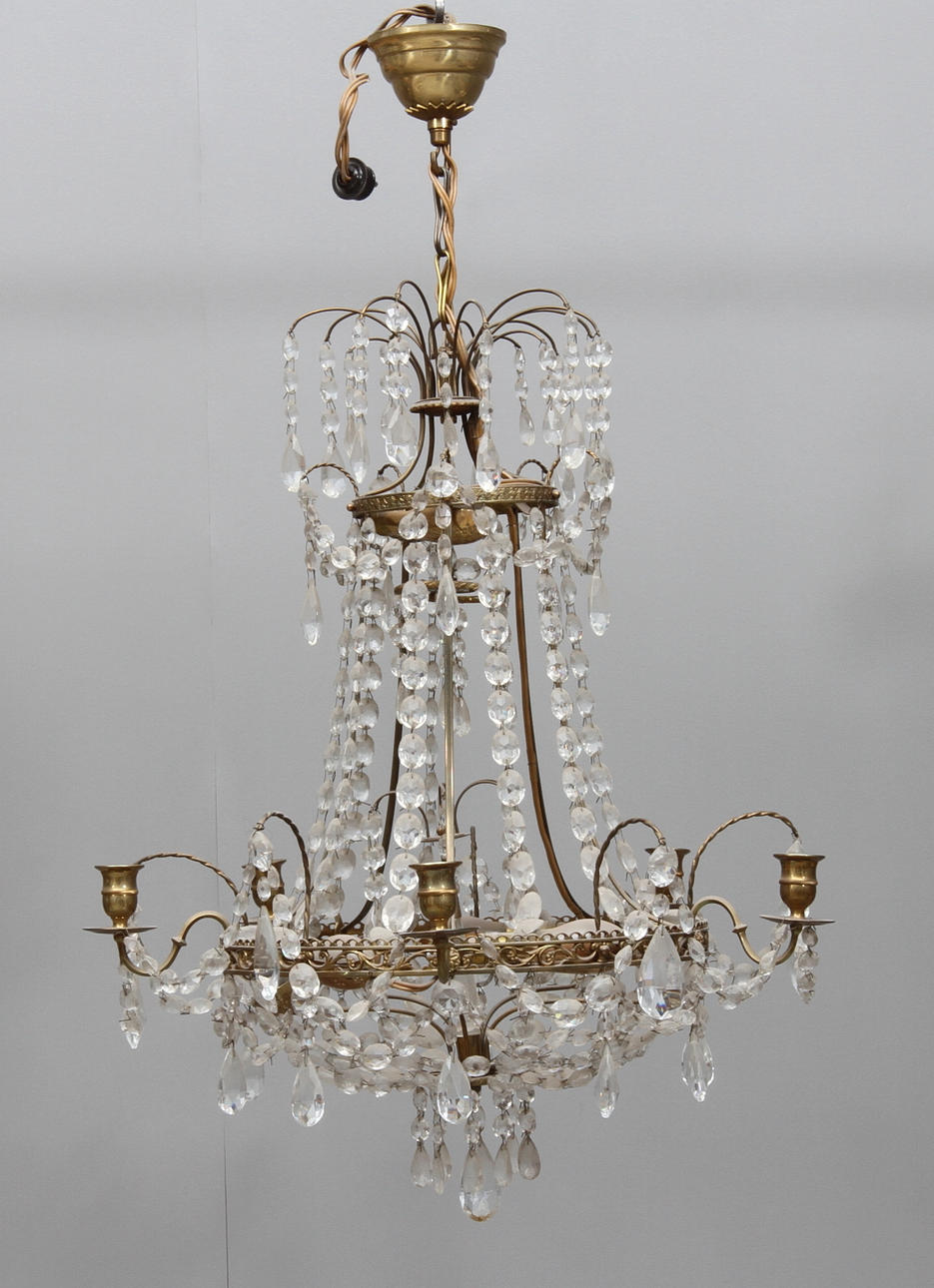 LJUSKRONA, 5 ljusarmar, behängd med prismor, 1900-tal.