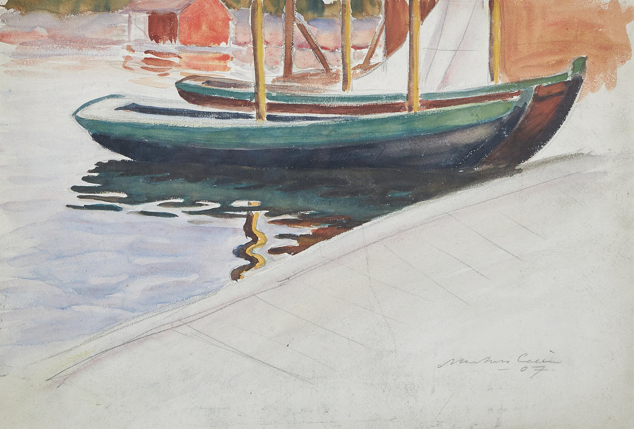 MARCUS COLLIN. Boat in the harbor, signed and dated -07, watercolor.