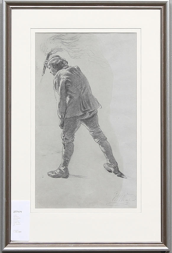 JOSEF WILHELM WALLANDER. Teckning, förstudie till "Orrjakt med håv", signerad.