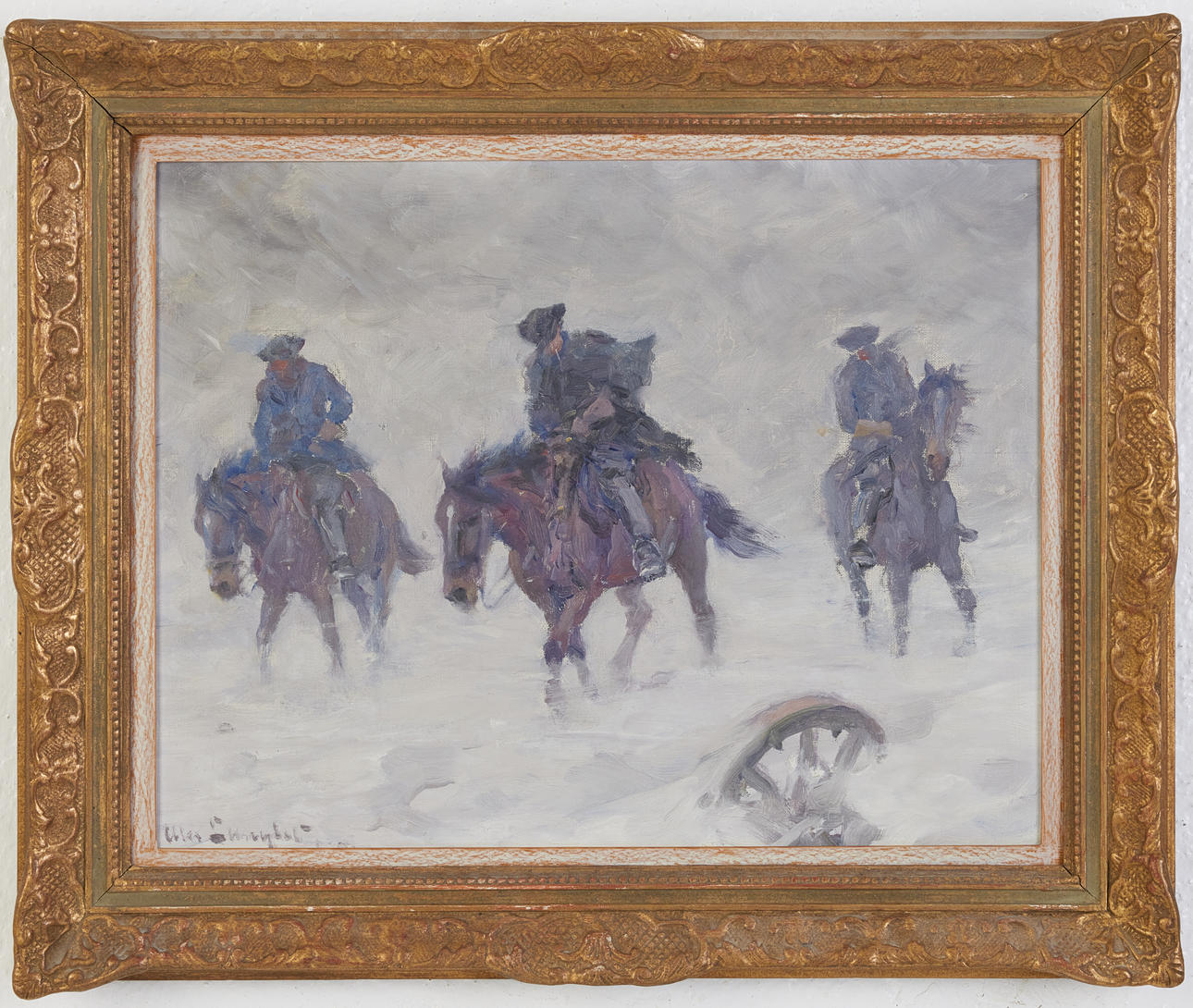 ALEXANDER LANGLET. Riding Carolines in a snowstorm, oil painting on canvas, signed and dated Alex. Langlet.