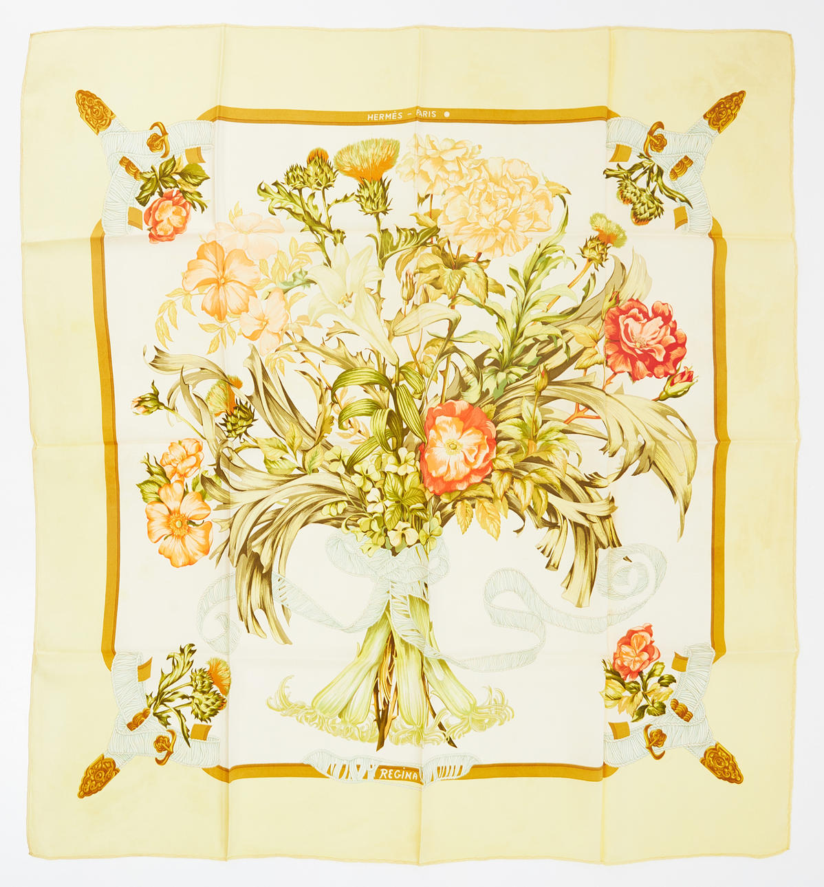 HERMÈS, "Regina", scarf, silk, designed by Leila Menchari for Hermès in 1972, motif of flower bouquet on cream white ground, light yellow border.