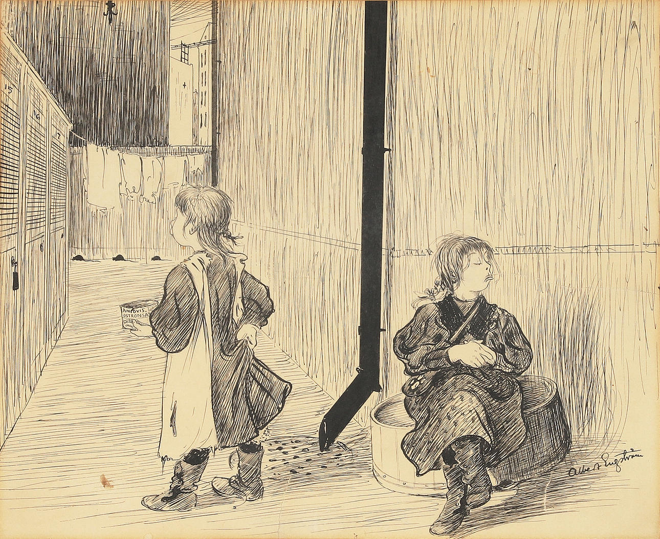 ALBERT ENGSTRÖM. Illustration from Strix's first year, Søndagsnisse-Strix, signed Albert Engström, ink drawing.