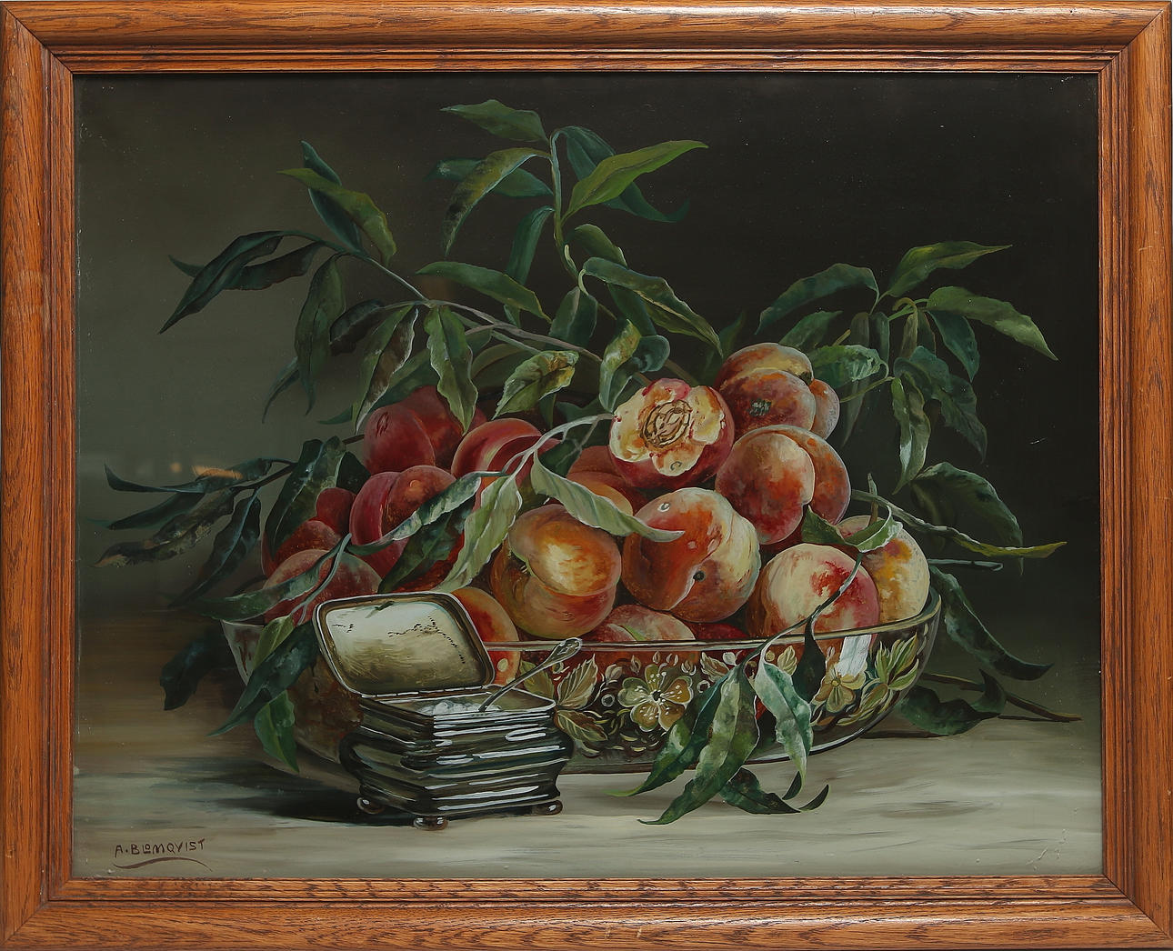 OIDENTIFIERAD KONSTNÄR. Olja på glas, stilleben, frukt i glasskål. Signerad A. Blomqvist. Sekelskiftet 1800/1900.