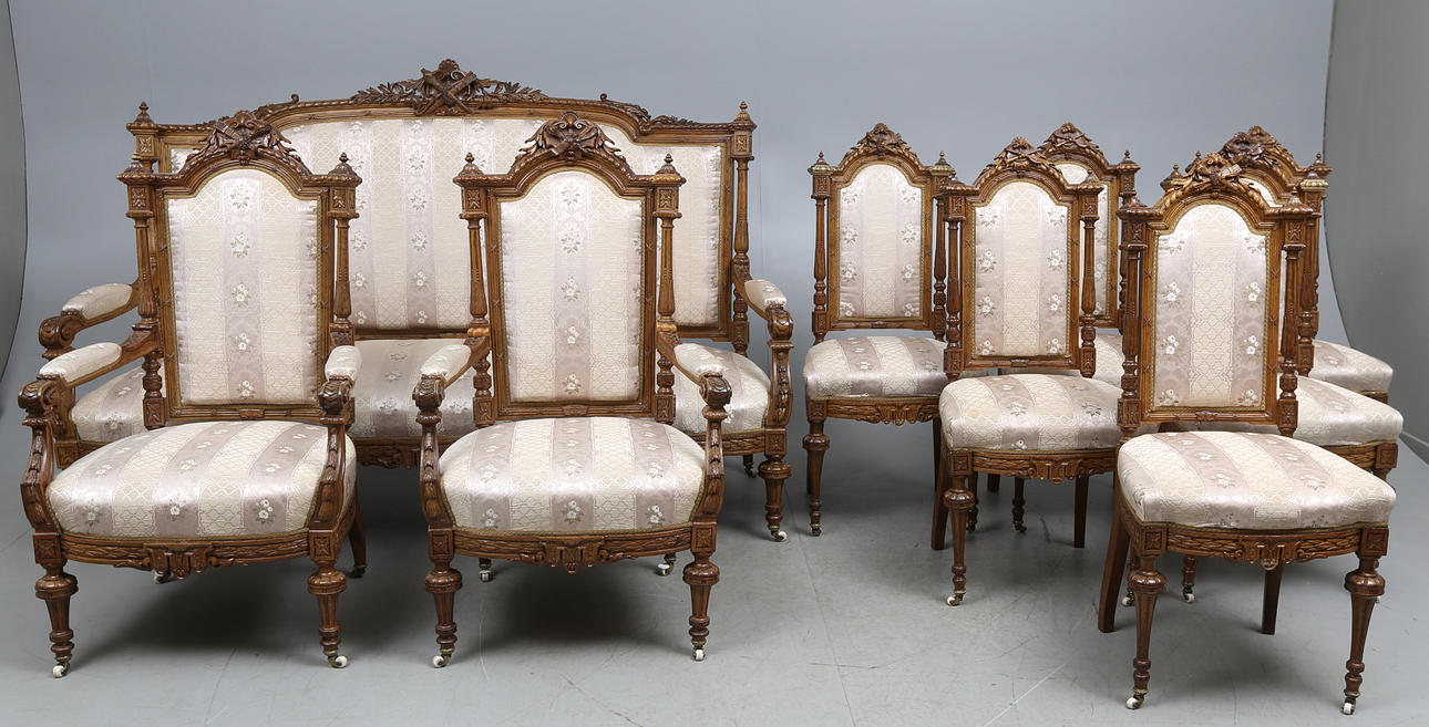 SALONGSGRUPP, 9 delar, Louis XVI-stil, omkring 1900.