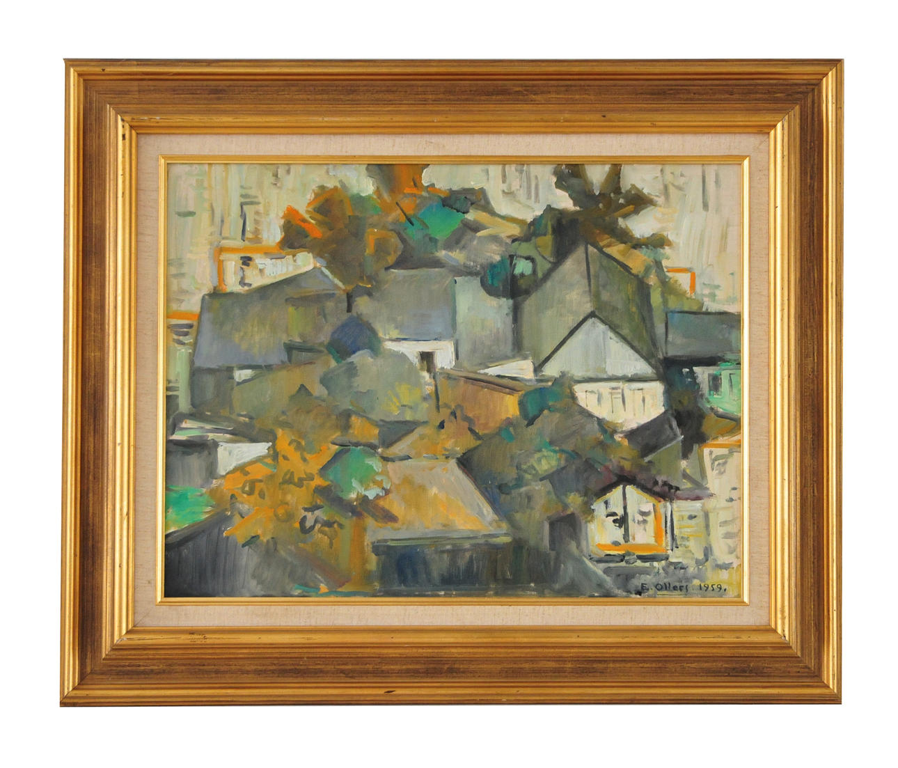 EDVIN OLLERS. Olja på duk. samhälle, signerad-1959.
