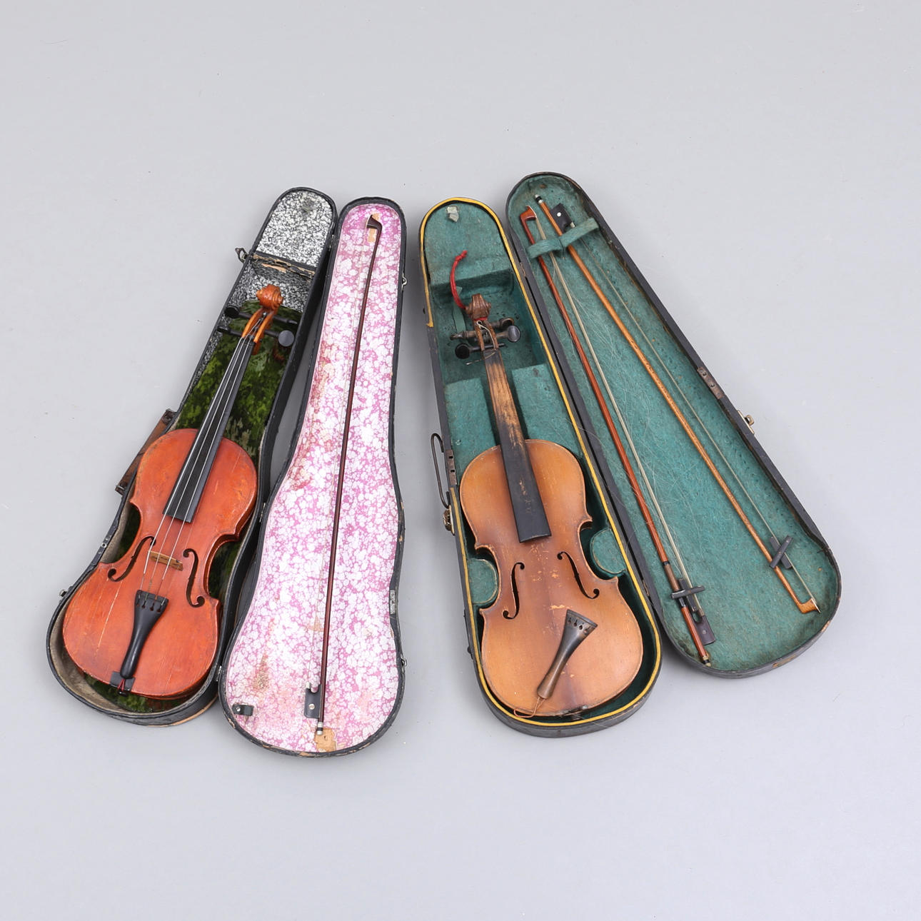 VIOLINS WITH STRINGS, 2 pcs, decorative object, early 20th century.