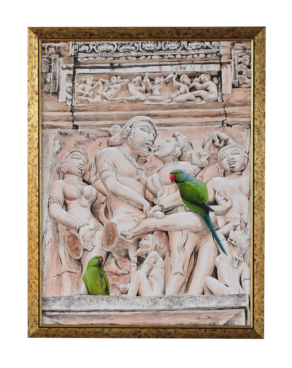 GUNNAR PETTERSSON. Halsbandsparakiter på Kurjahoo-templen. Olja på duk, signerad .