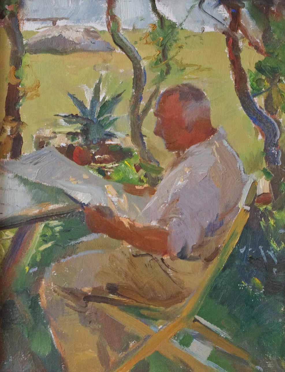 GUNNAR WALLENTIN. TILLSKRIVEN. "Pappa läser tidning", olja på duk, signerad på baksidan.