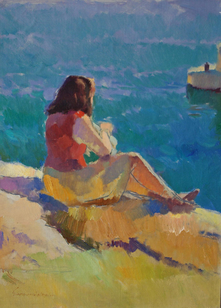 GUNNAR WALLENTIN. Flicka vid vatten, olja på pannå, signerad.