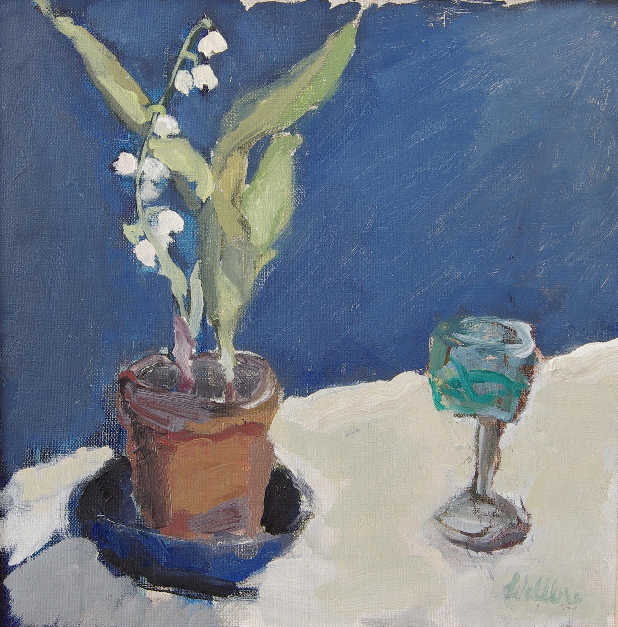 KERSTIN WELLBRO-NILSSON. Konvalj, olja på duk, signerad Wellbro.