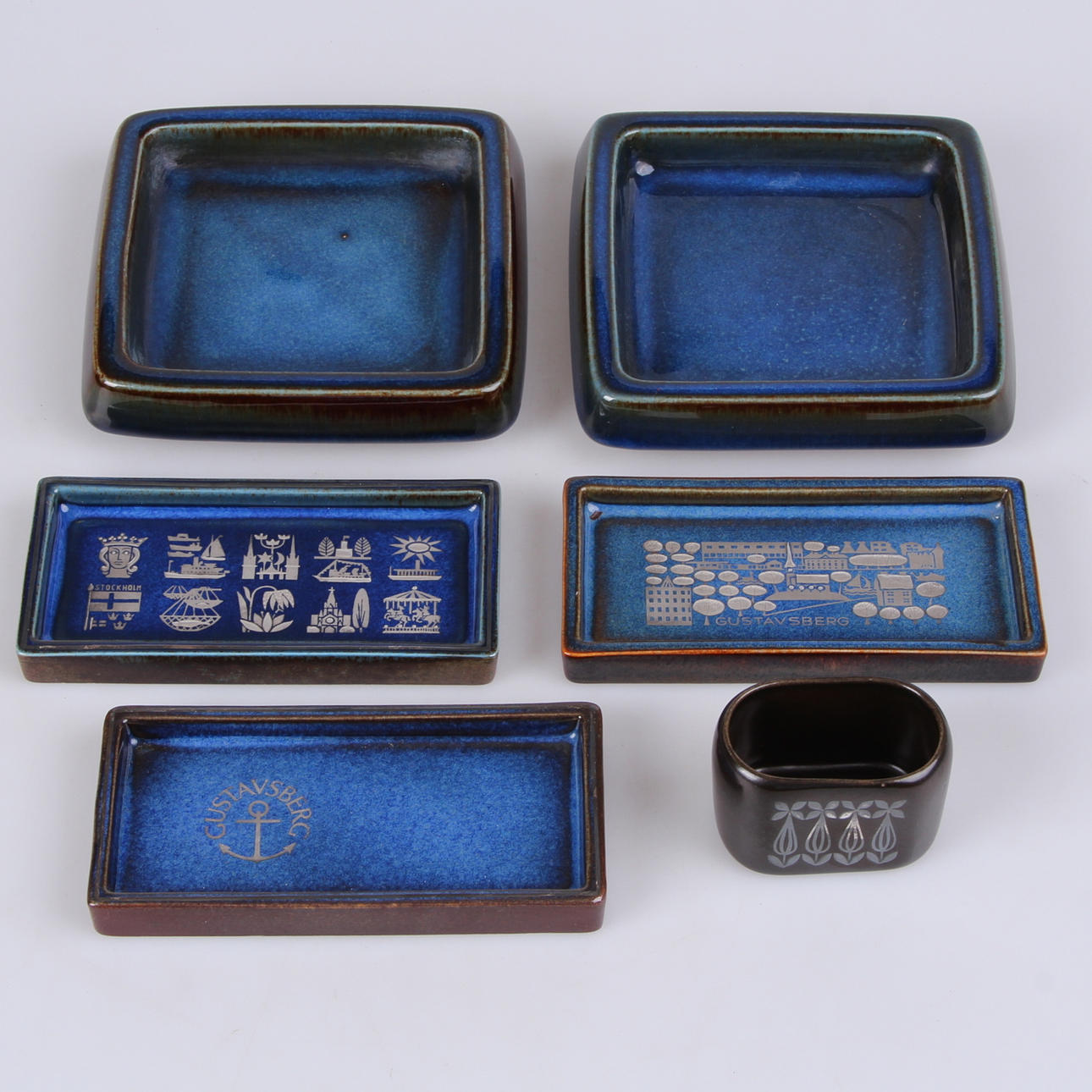 ASKFAT, samt skål, stengods, 6 delar, Sven Jonson, Gustavsberg 1900-talets mitt.