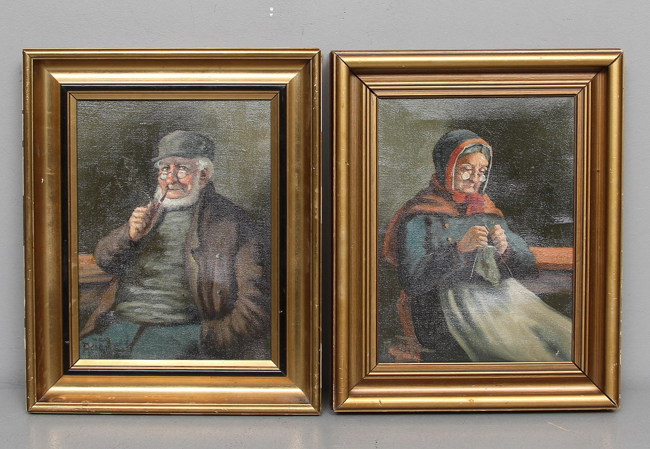 OIDENTIFIERAD KONSTNÄR. 2 st. Porträtt av piprökande man och handarbetande kvinna. Olja på duk. Signerade.