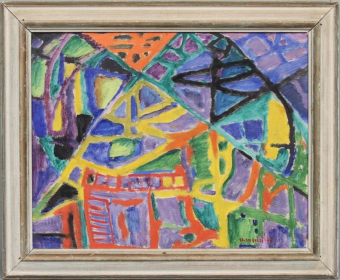 OIDENTIFIERAD KONSTNÄR. Signerad HOLMQVIST. Komposition. Olja på pannå. Daterad -48.