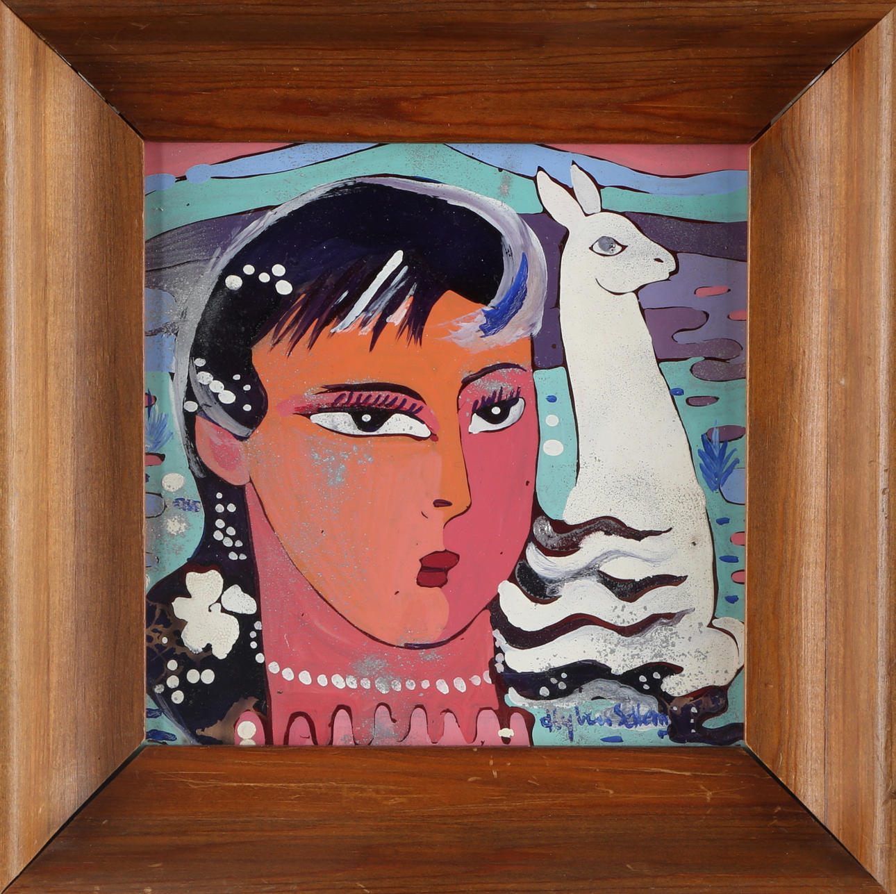 ALY BEN SALEM. kvinnoporträtt med Alpacca, blandteknik, signerad Aly ben Salem.