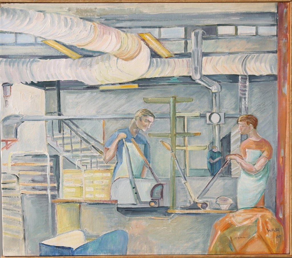 WANJA "NONES" HÅKANSSON. Olja på duk, "Blandning o formning" motiv från Rörstrands porslinsfabrik, signerad, daterad -80.