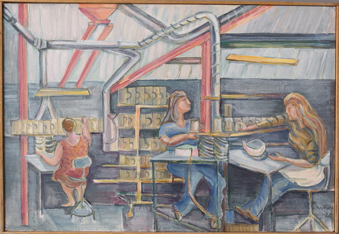 WANJA "NONES" HÅKANSSON. Olja på duk, "Hänkling av muggar" motiv från Rörstrands porslinsfabrik, signerad, daterad -80.