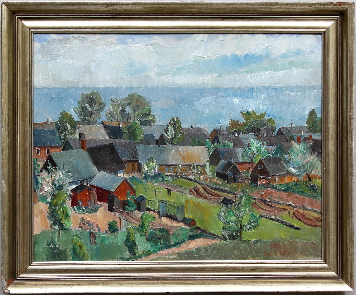 ALBERT KRÜGER. "Vitemölla fiskeläger". Olja på pannå, signerad.