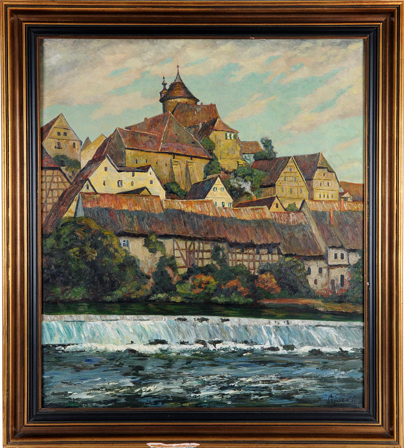 KARL SÄWERT. ”OLJEMÅLNING (DÅLIG) BESIGHEIM, SCHOCHENTURM, STEINHAUS”. Sammanflödet av Neckar och Enz.