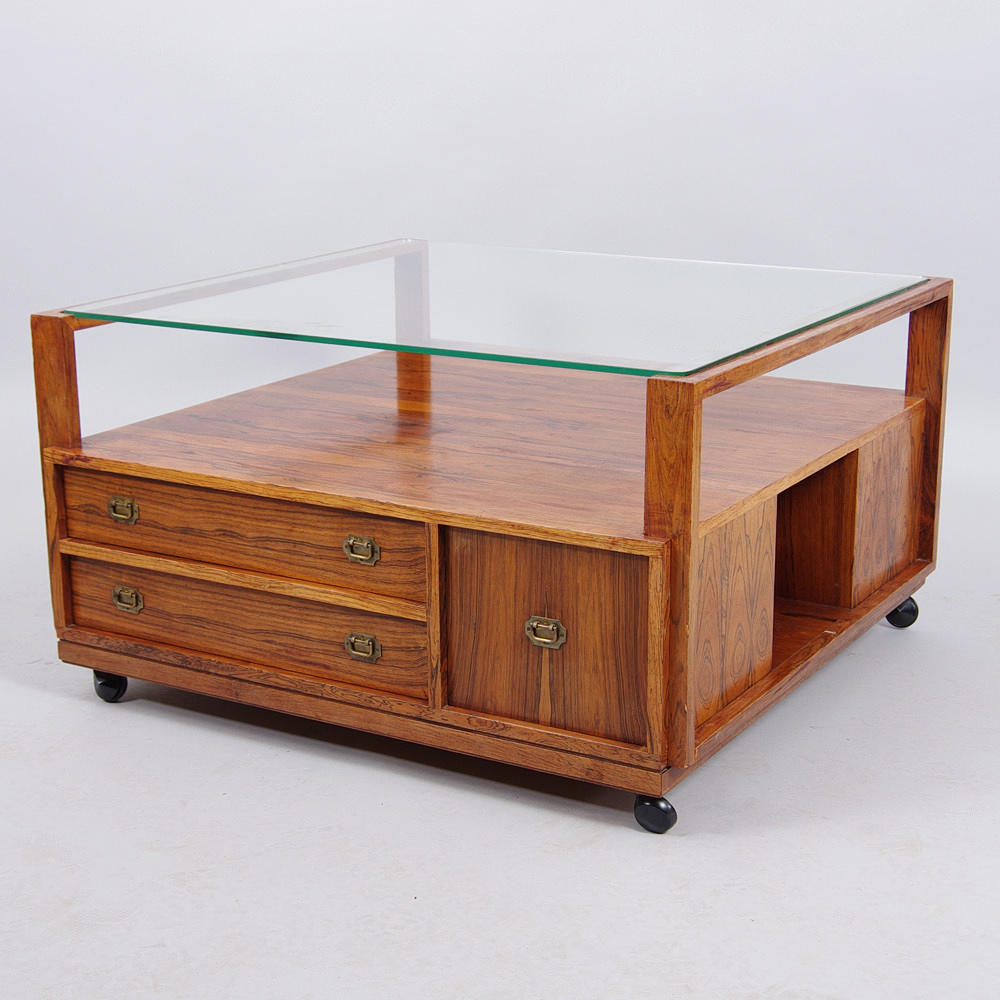 SOFFBORD med 8 lådor, jakaranda med glasskiva, 1900-talets mitt.