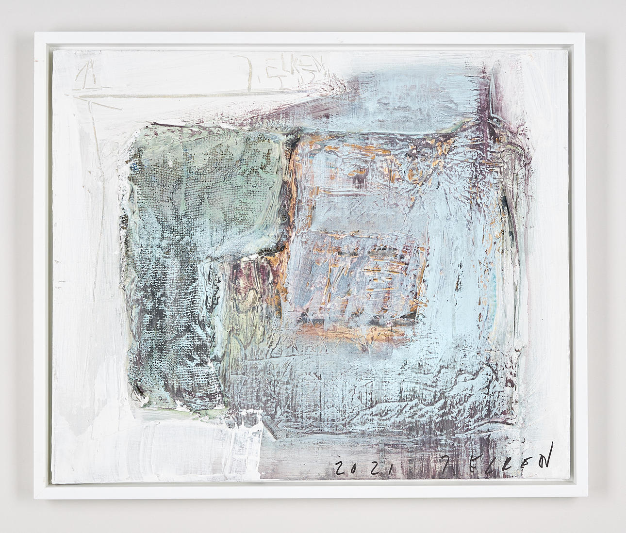 JAAN ELKEN. "Conflict between turquoise and tired burgundy", signed, verso dated 2021, acrylic and collage on canvas.