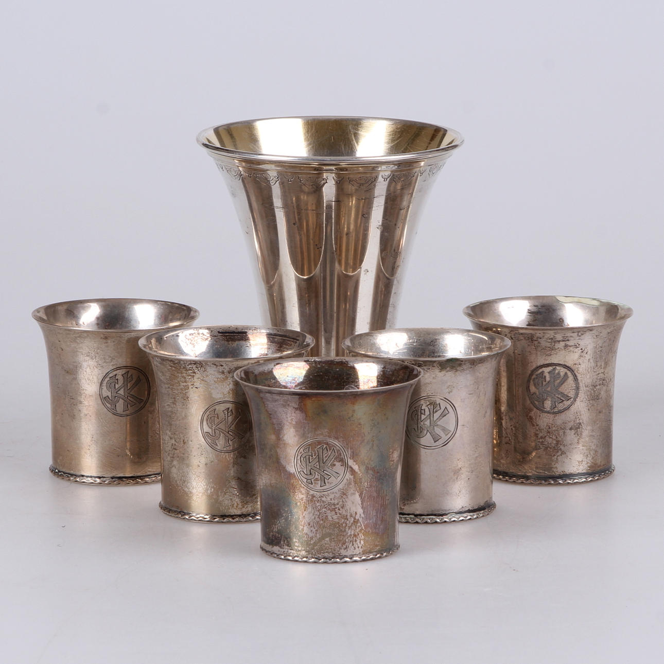 POKAL, samt bägare, 6 delar, silver, Ek Kurt samt GAB, 1930/40-tal.