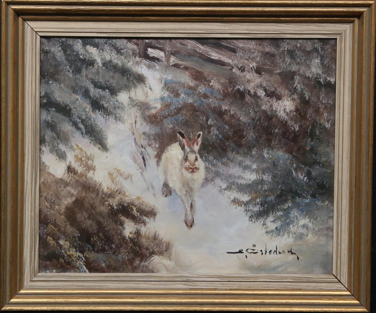 BERT ÖSTERLUND. Vinterhare. Olja på duk, signerad.