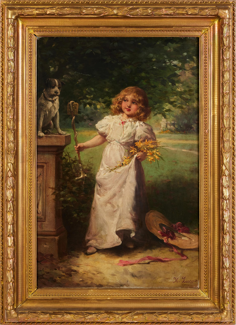 HEINRICH LOSSOW (1843-1897). Girl with dog, oil on canvas, signed H ...