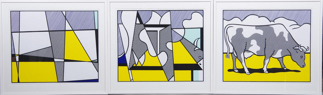 ROY LICHTENSTEIN. "Cow Going Abstract", 3 stycken färgserigrafier, triptyk.