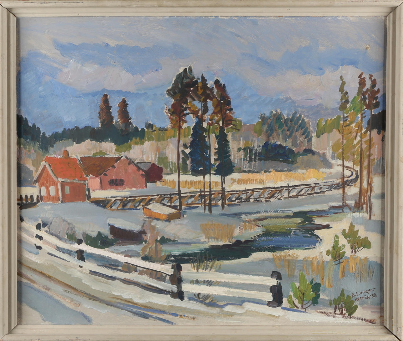 BERTIL LUNDQVIST. "Hyttön" olja på masonite, signerad B.Lundqvist Hyttön -58.