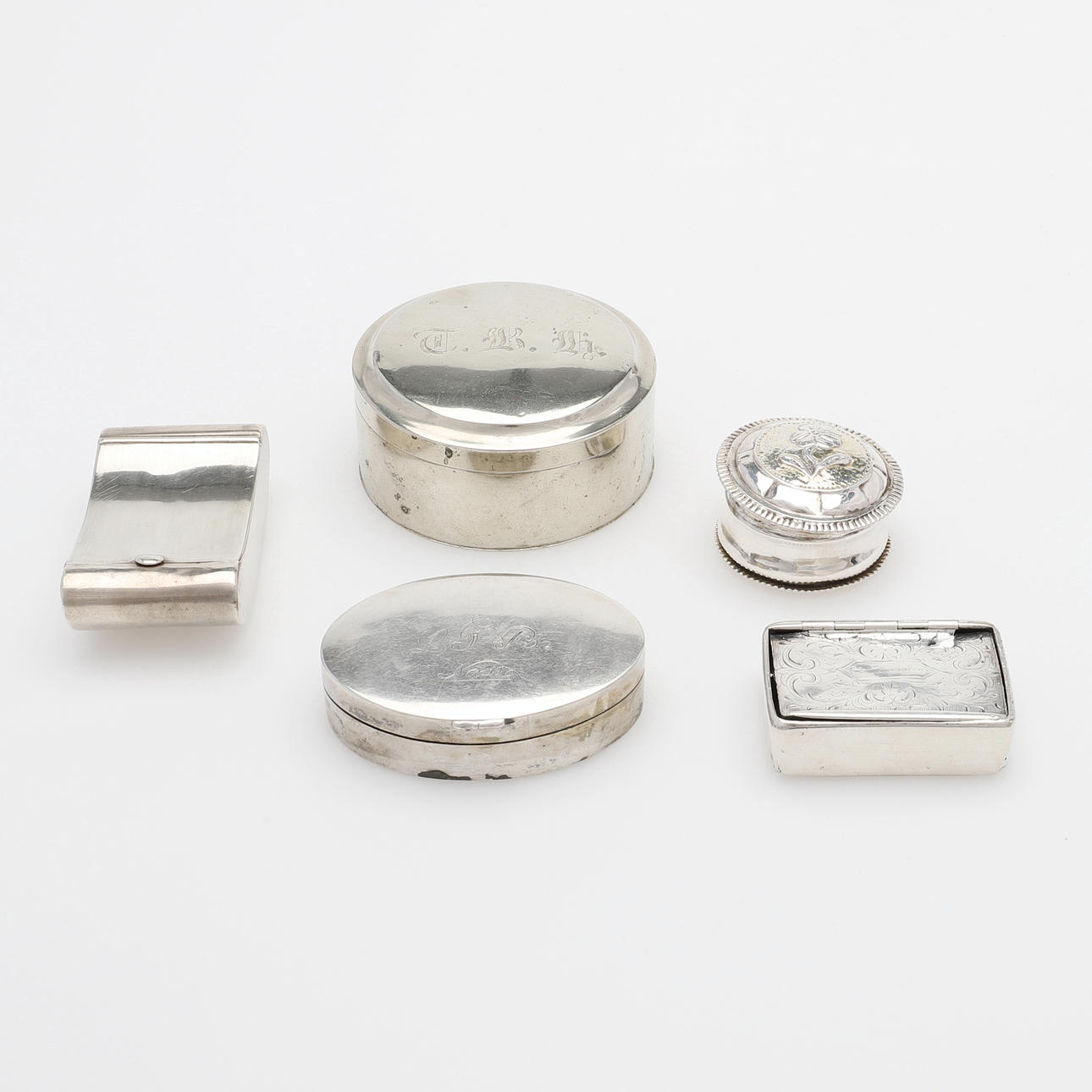 SWEDISH ANTIQUE SILVER BOXES, 5 PCS.