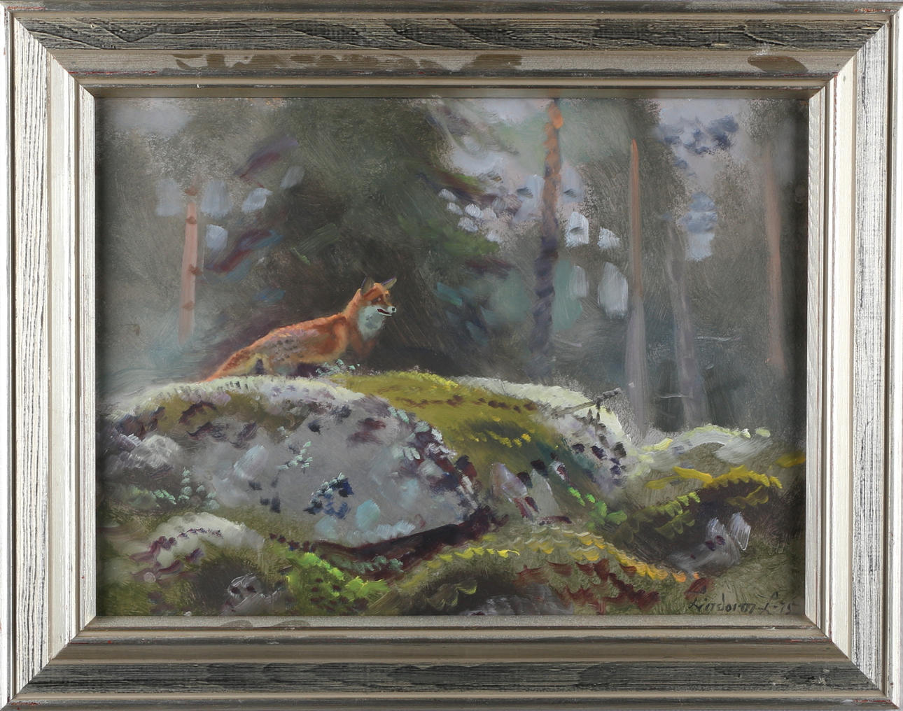 LINDORM LILJEFORS. räv i skogslandskap, olja på masonite, signerad och daterad Lindorm L -75.