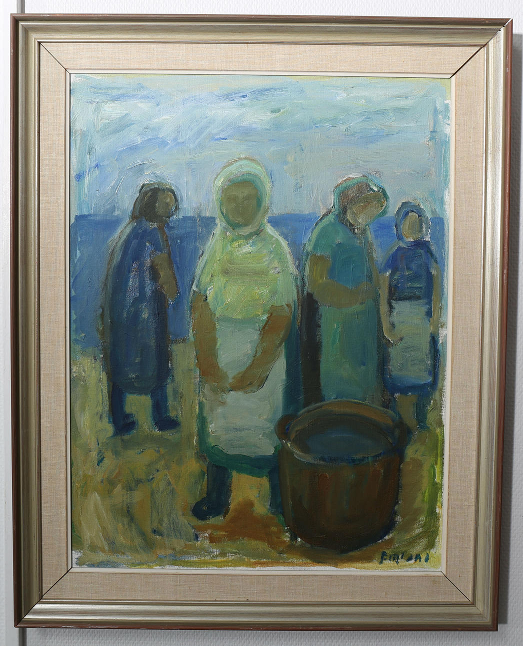 EINAR EMLAND. Olja på duk, Fiskargummor, signerad Emland.