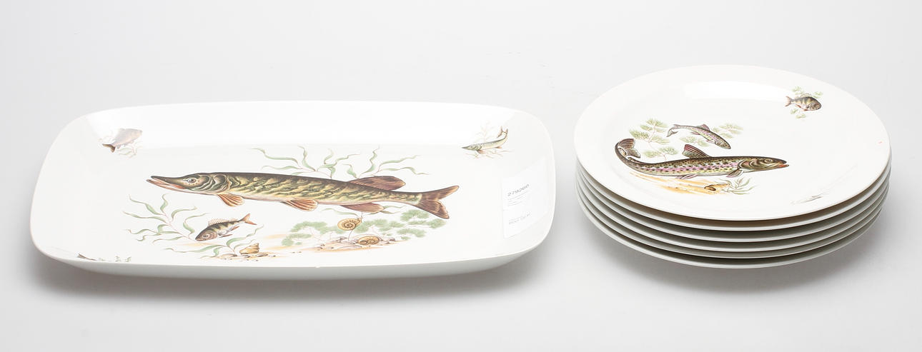 FISKSERVISDELAR, 7 delar, porslin, Rörstrand.