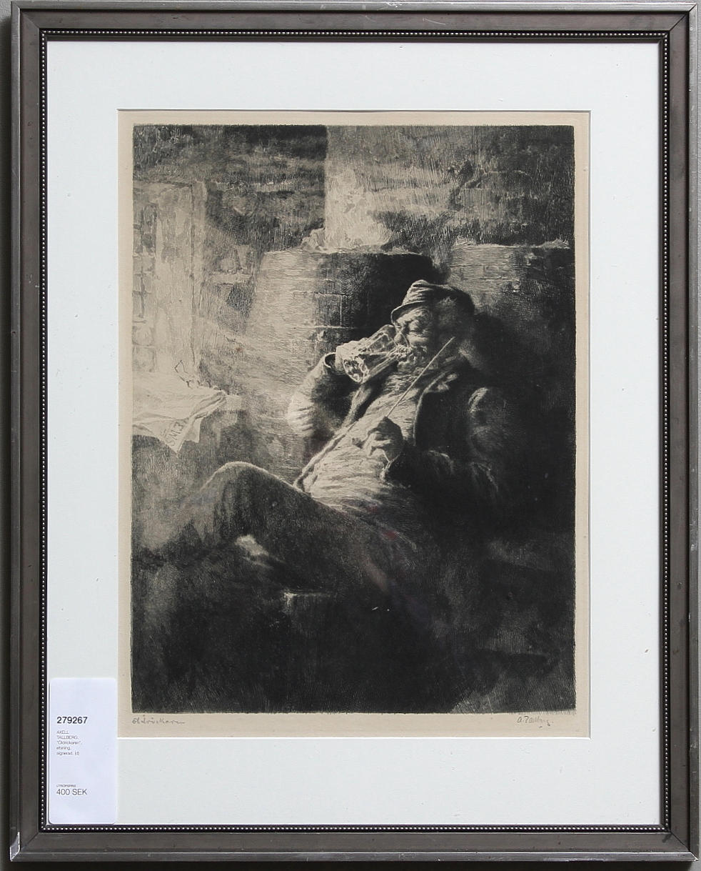 AXELL TALLBERG. "Öldrickaren", etsning, signerad.
